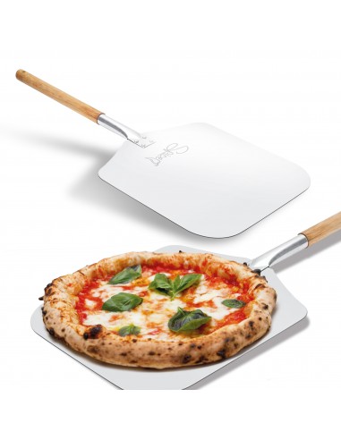 Rectangular pizza shovel (31x35x66cm) in food grade aluminum with wooden handle 66 cm