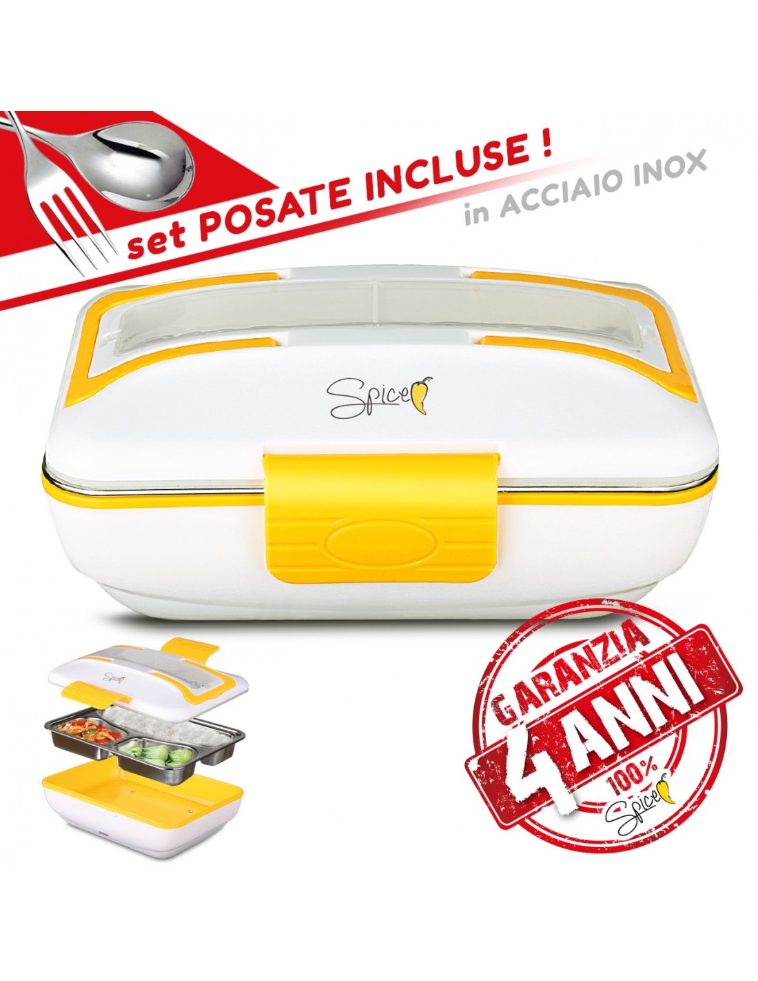 SPICE Amarillo Inox Scaldavivande Portatile Lunch Box con Forchetta e  vaschetta Estraibile in Acciaio Inox 1